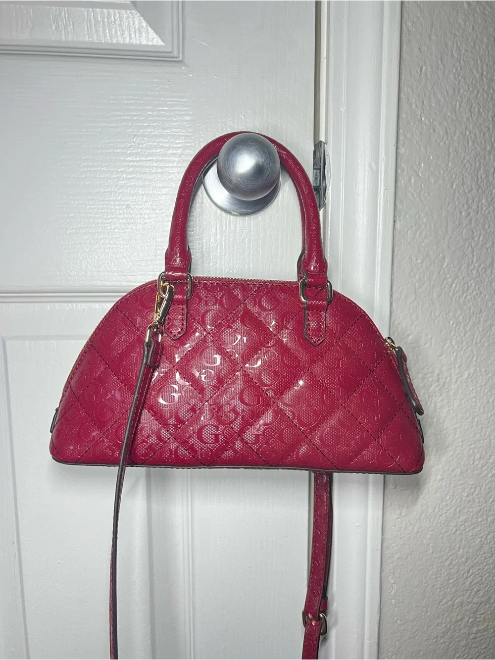 GUESS Quilted Dome Satchel in Deep Berry